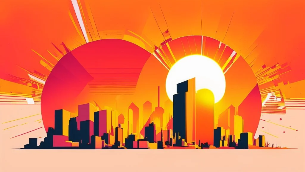 minimal design,shapes, synthwave, synthwave sun, synthwave city, simple,iconic:1.8), Explosion of color in city, comic style