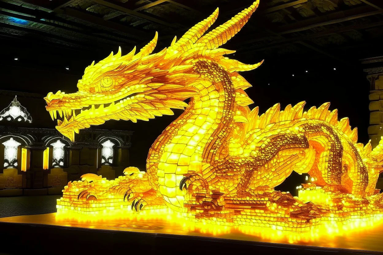 A yellow palace with glowing light dragons designed in Ica stones