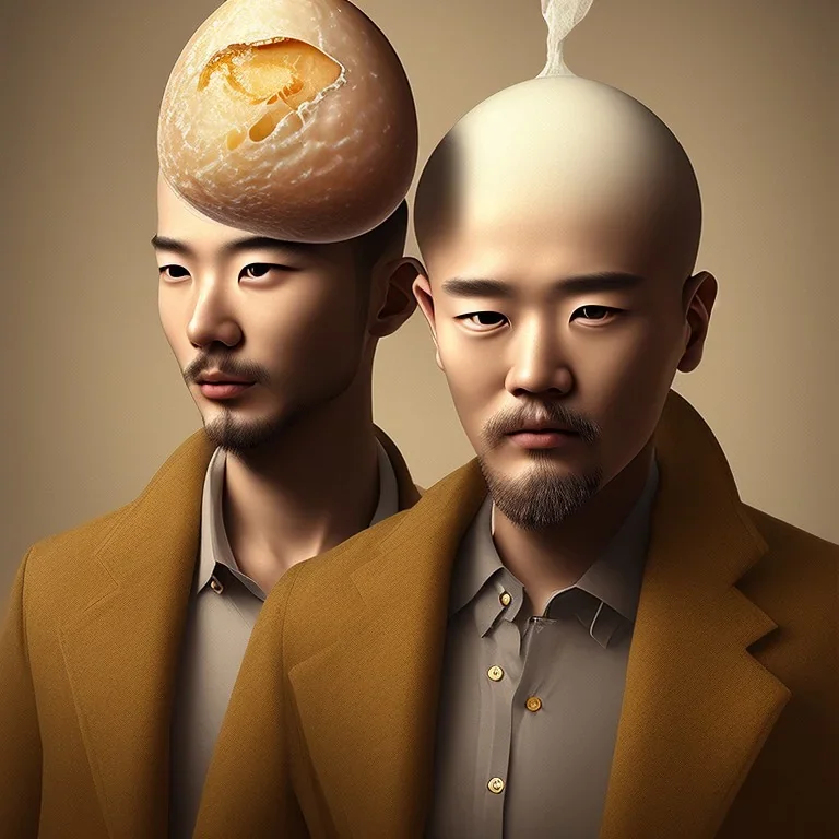 portrait of korean man whose head is a giant egg