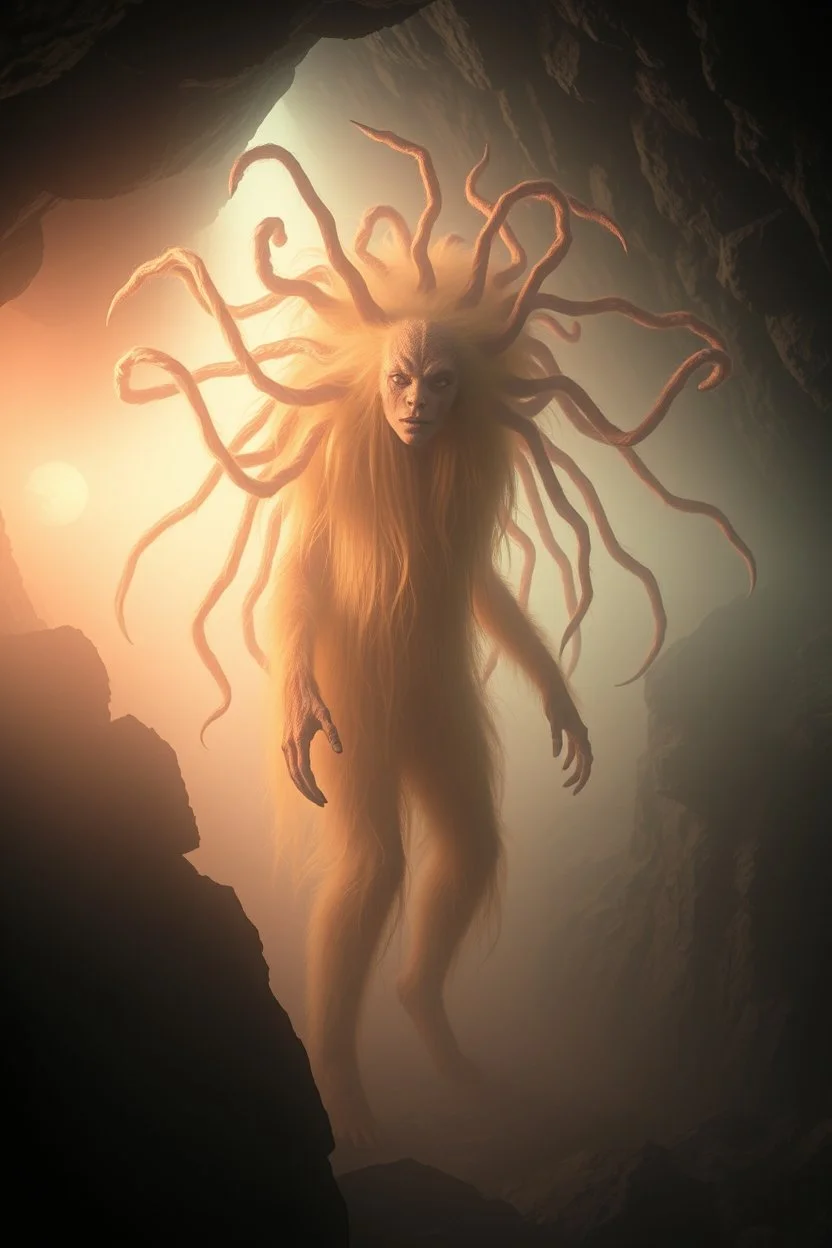 fog, volume light, beams, fluffy hair covered, søt som fy Medusa, en god og snill og flink og veldig søt og hårete som en hippie , humanoid skapning fra universet, de regjerer ofte i underjordiske byer . ser på seg selv som overlegne , abyss city, motion blur, painted by Giger