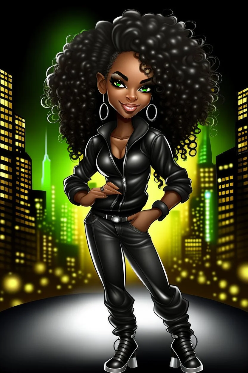 Create a digital airbrush cartoon of an African American female wearing a black jean outfit with timberland boots. Prominent make up with hazel eyes. She is wearing large diamond hoop earrings. Extremely highly detailed very long curly hair that shines. Background of a night club.