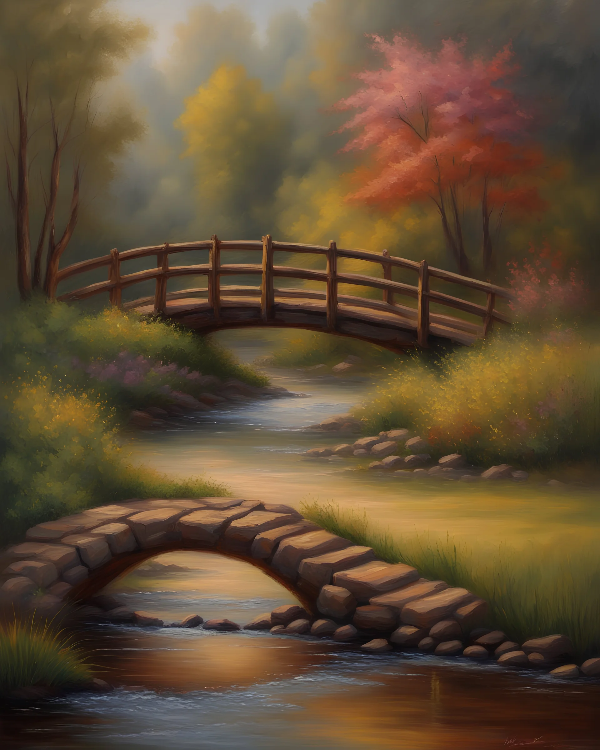 a painting of a bridge over a stream, romanticism landscape painting, intricate and wet oil paint, original post impressionist art, colorful landscape painting, impressionistic painting, landscape painting, romanticism painting, impressionist style painting, classical landscape painting, wooden bridge, impressionist oil painting, inspired by mark keathley, bright depth oil colors, landscape oil painting