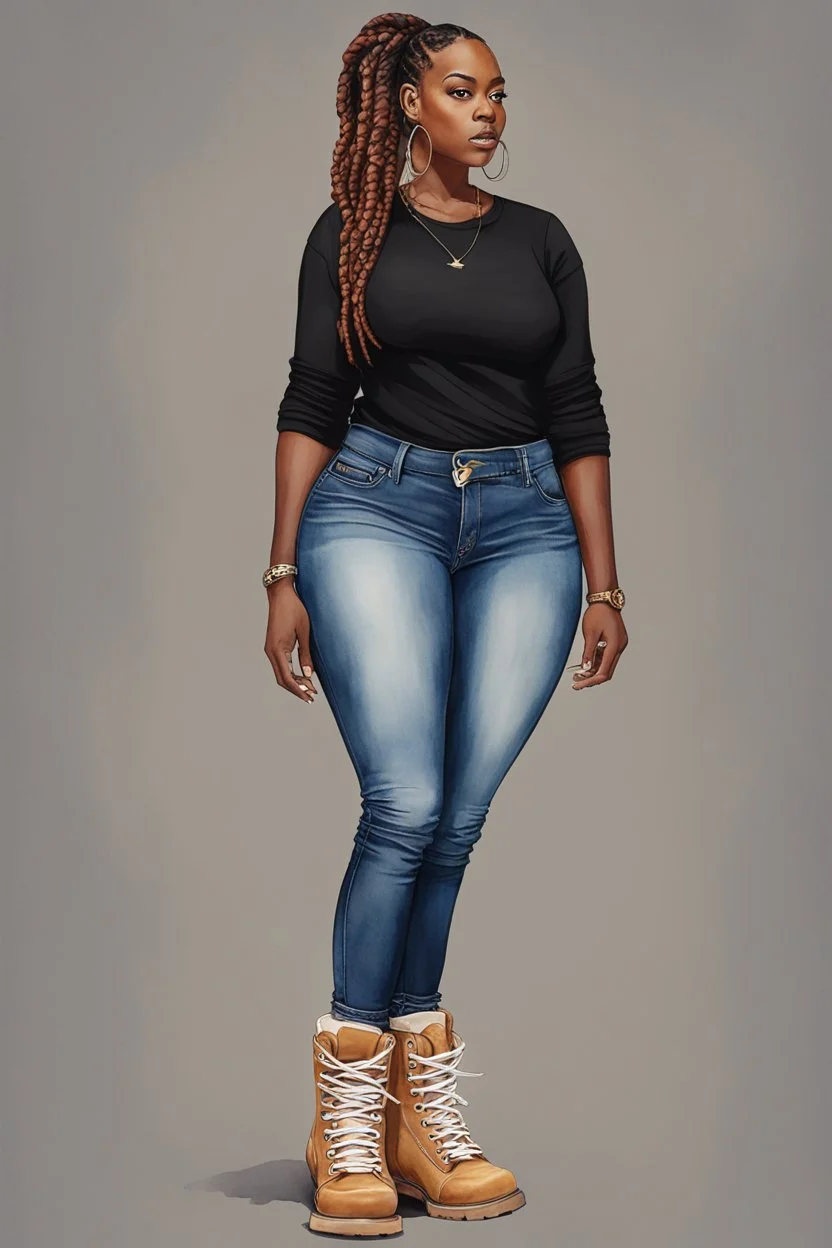 Create a watercolor image of a curvy black female wearing tight cut up jeans and a black tshirt with timberland boots. Prominent make up with hazel eyes. Highly detail two cornrows going down her head.