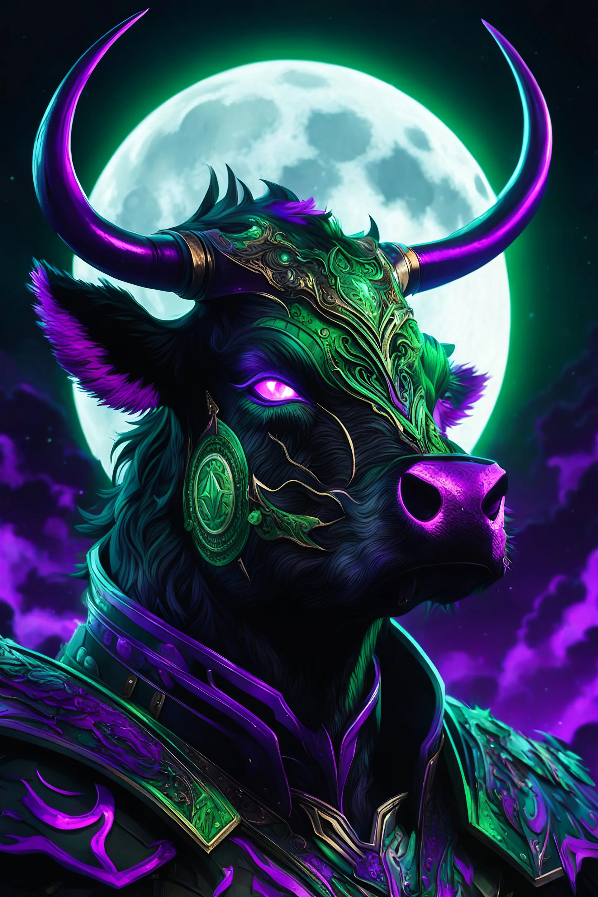 carnage cow green and black dark night armor in 8k solo leveling shadow art style, dark night mask, glowing purple eyes, profile picture 8k ultra quality, background moon 8k ultra HD, intricate details, highly detailed, high details, master piece, ultra detailed, ultra quality ,bitcoin coin