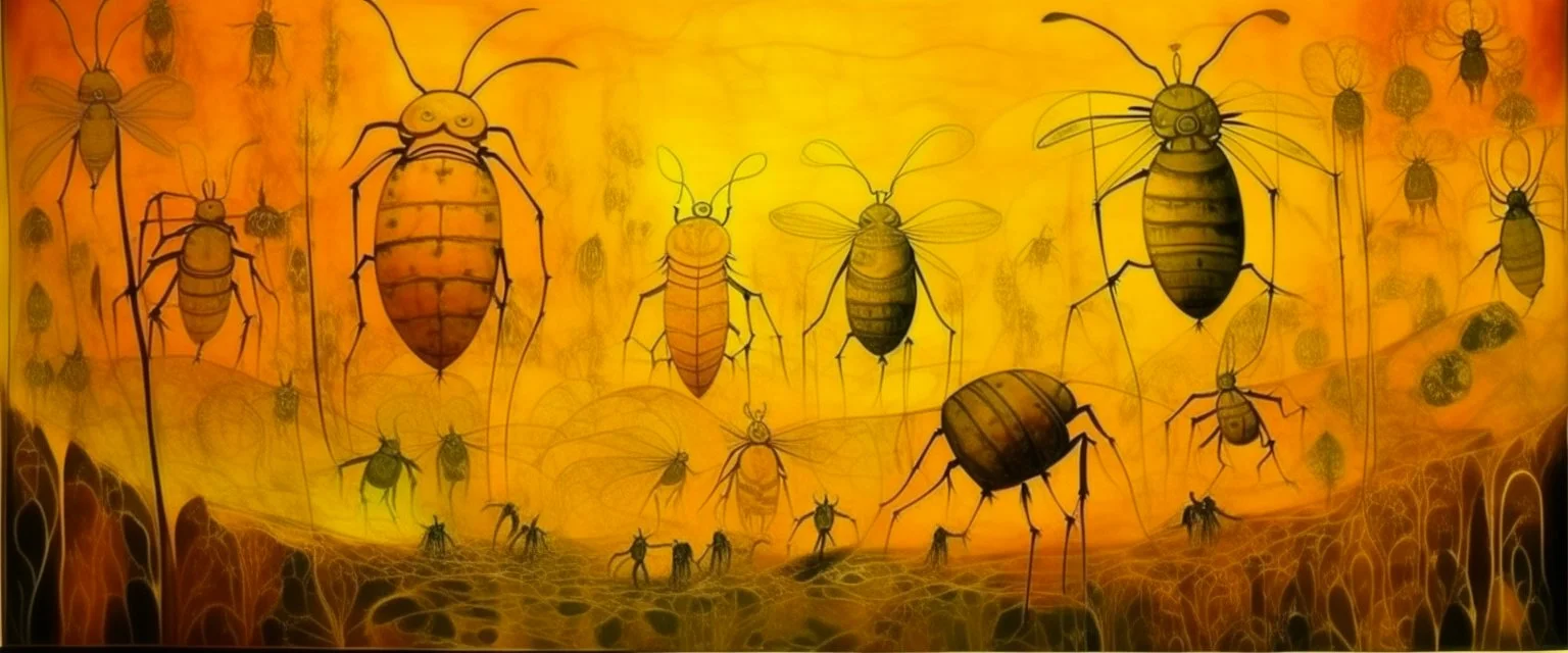 A yellow heavenly light field with bugs designed in ancient Egyptian hieroglyphics painted by Qiu Ying