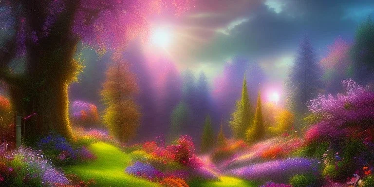 bright fairy, beautiful portrait, flowery landscape