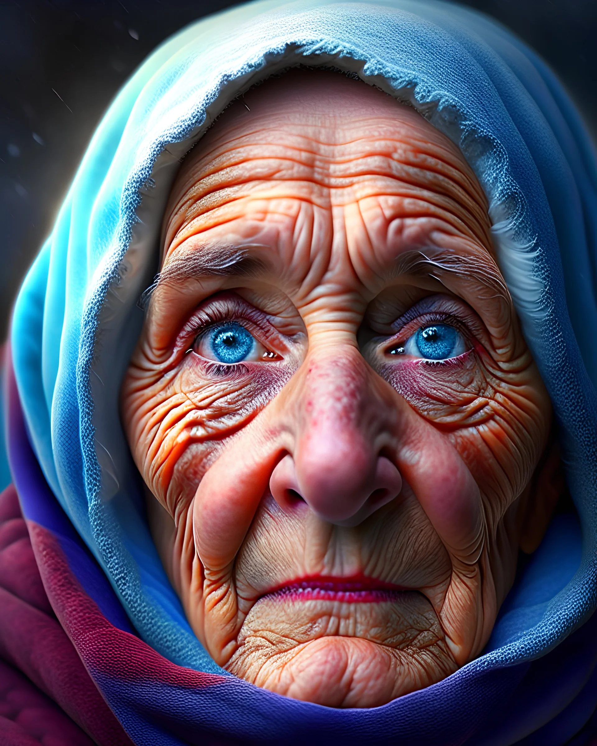 best quality, masterpiece, ultra high res, (photorealistic:1.4), 1 beautiful old woman, half body, black eyes, snowy skin , black eyebrows , medium noise , small mouth , wearing hijab , looking at viewer, --q 2 --v 5, no NSFW