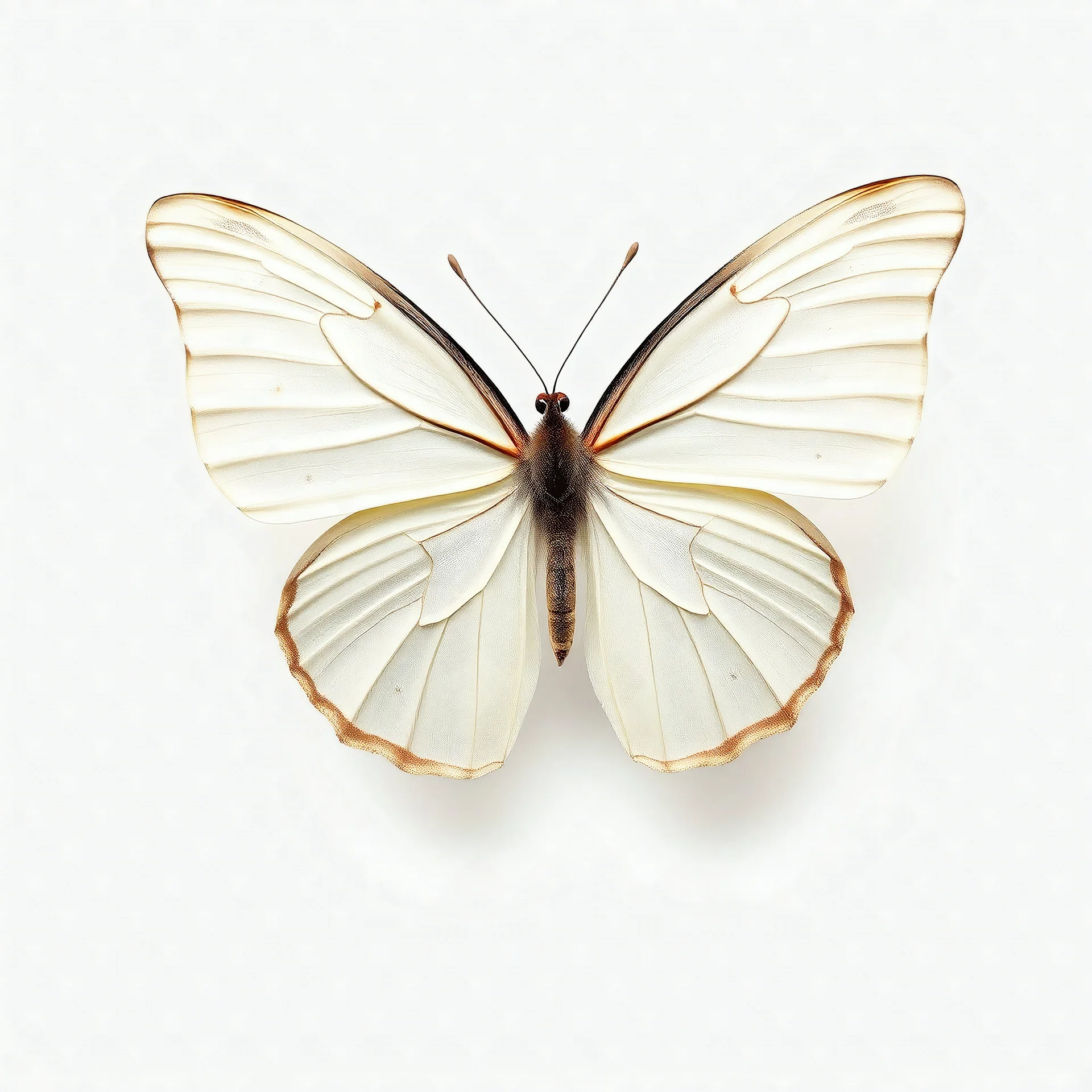 one white butterfly, top view, white plain transparent background