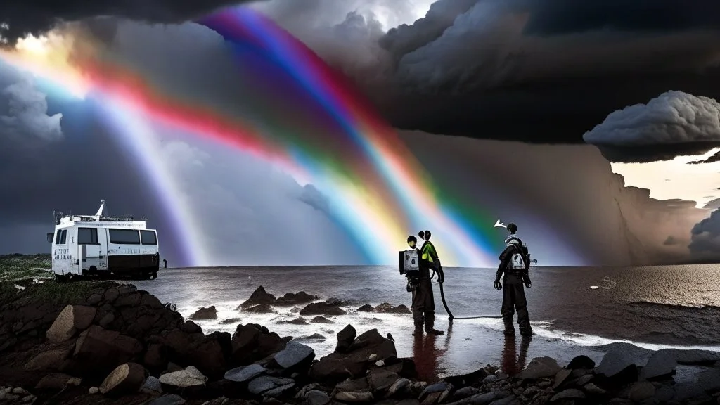 Doctors Without Borders provides immediate medical aid during humanitarian emergencies.Rainbow symbol of peace up on the sky,Photo-realistic scene ,desolate, standing on a jagged cliff, overlooking turbulent, inky black ,A storm brews in the distance, with dark, ominous clouds gathering, powerful beam pierces the darkness, and within its light, ethereal shadows of shipwrecked souls can be seen, their translucent forms forever searching for a way home.