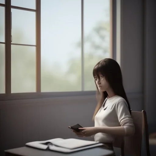 female student studying by the window, anime style, full body, unreal engine 5, cinema4d, sun light, studio lighting --ar 1:1 --v 4