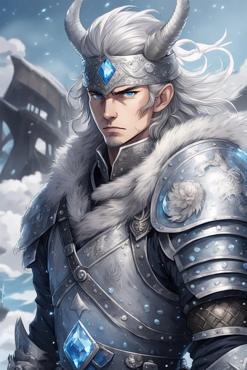 in anime style, 1man, a man with blue eyes and silver hair man in silver Viking armor with fur around the neck with blue crystal on his chest holding an axe in his hands standing on a pirate ship in the artic, warrior in anime style,