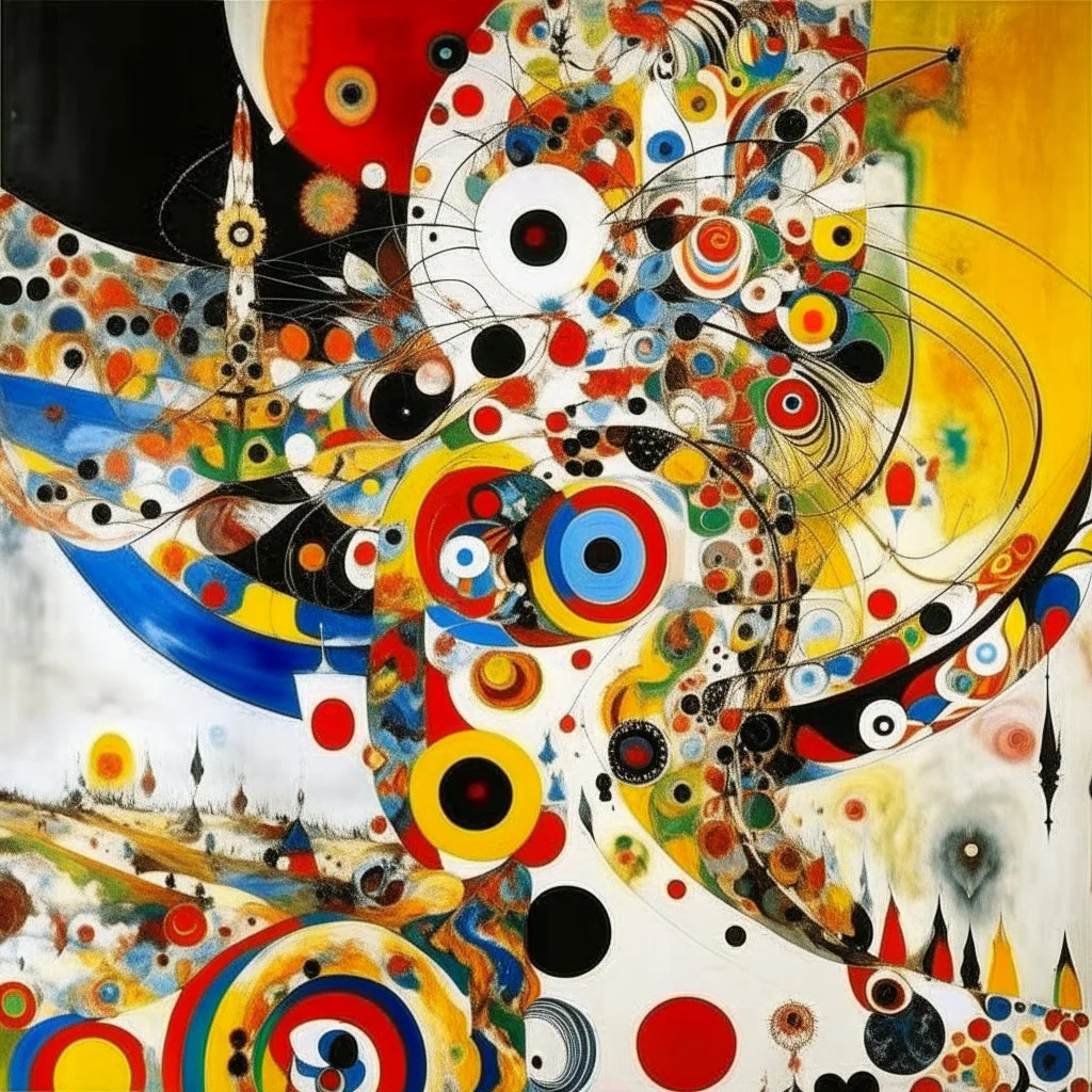 A white sky with birds and a tornado designed in Matryoshka dolls painted by Wassily Kandinsky