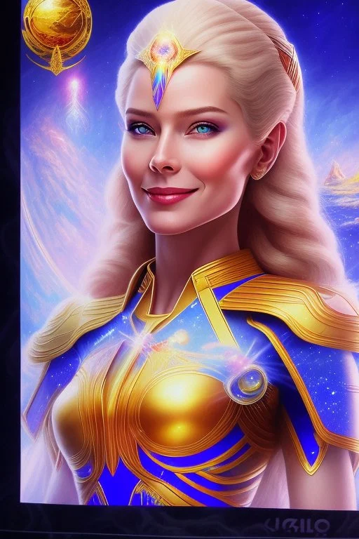 cosmic woman smile, admiral from the future, one fine whole face, crystalline skin, expressive blue eyes,rainbow, smiling lips, very nice smile, costume pleiadian, Beautiful tall woman pleiadian Galactic commander, ship, perfect datailed golden galactic suit, high rank, long blond hair, hand whit five perfect detailed finger, amazing big blue eyes, smilling mouth, high drfinition lips, cosmic happiness, bright colors, blue, pink, gold, jewels, realist, high commander