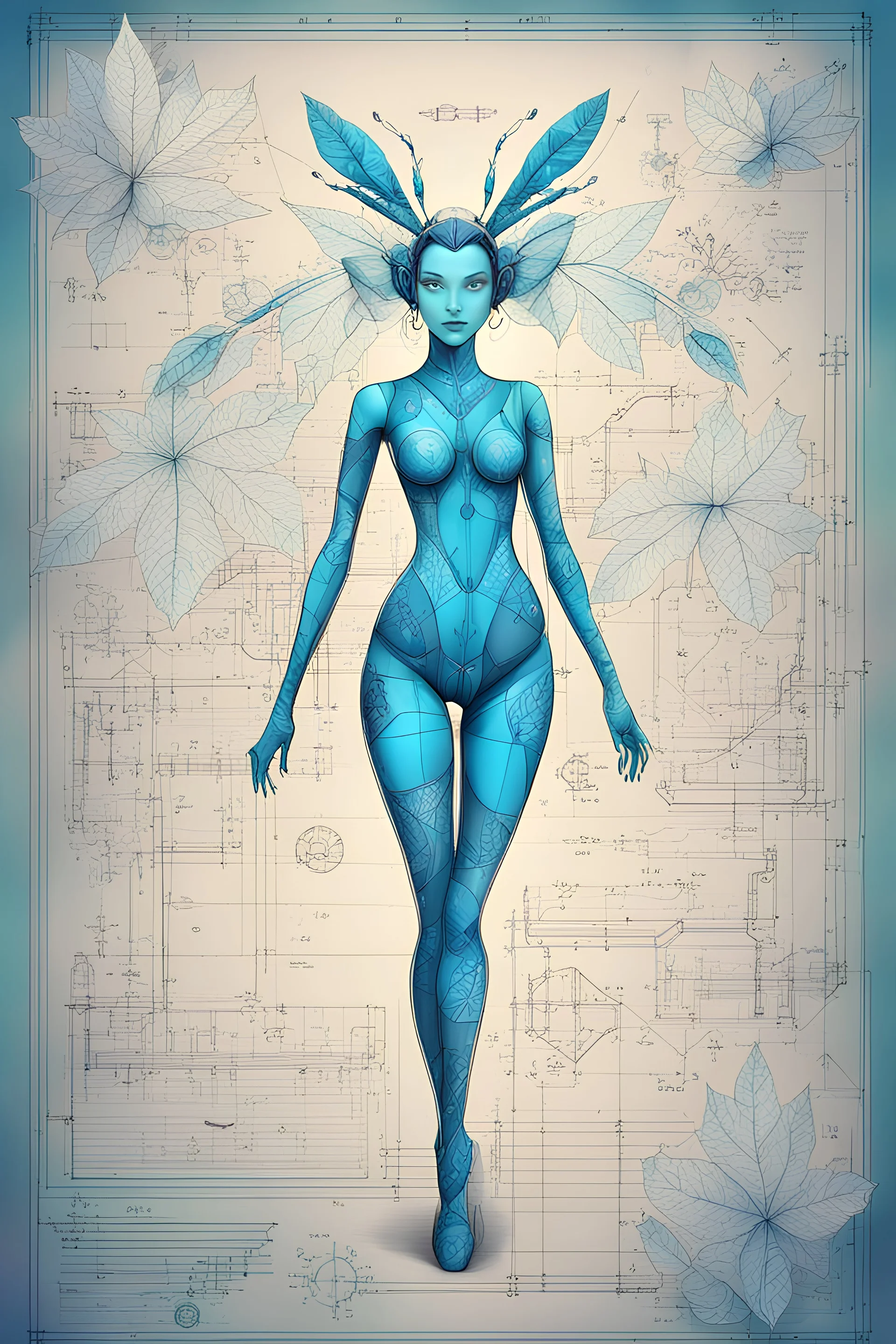 Hand drawn technical,full body illustration , with detailed blueprints and engineering schematics of a hybrid walking leaf insect girl, with highly detailed facial features, drawings, and technical notation, 8k, vibrant natural metallic colors