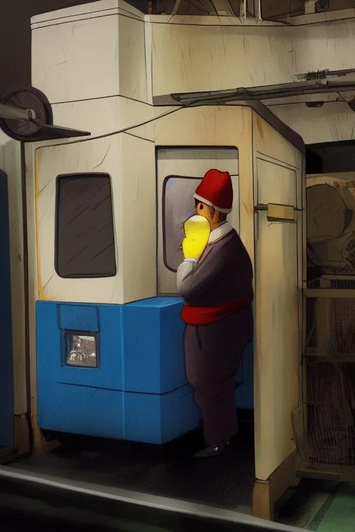 an angry man in factory, Simon Stålenhag cartoon style