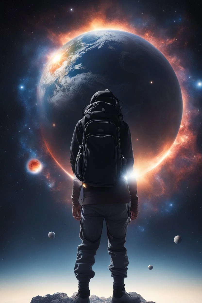 A figure wearing a black backpack deep in a supernova overlooking planet Earth