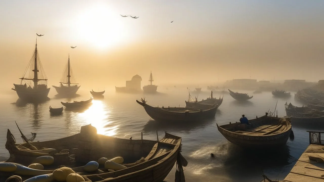 Qaitbay Citadel in Alexandria, fishermen’s boats anchored around it, fishermen putting fishing nets on their boats, fog covering the place, the moment the sun rises