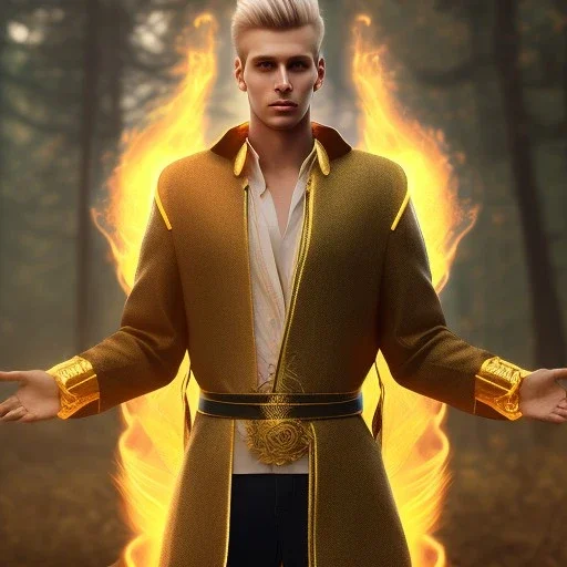 Male, Human, Blond, Sorcerer, Fire Mage, Golden Eyes, Young, Photorealism, Full Body Shot, Forest Background