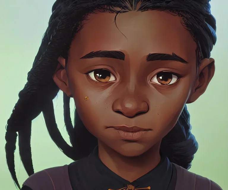 Portrait of a sweet dark skinned 10 year old witch toddler with braided black hair by Jim Kay