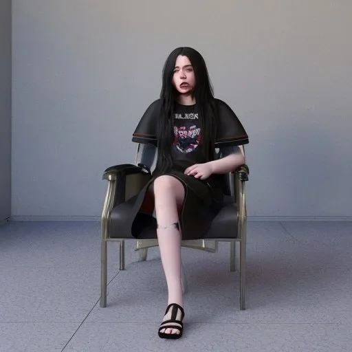 Billie Eilish, sitting on a chair, Black Short Dress, high detail, realistic