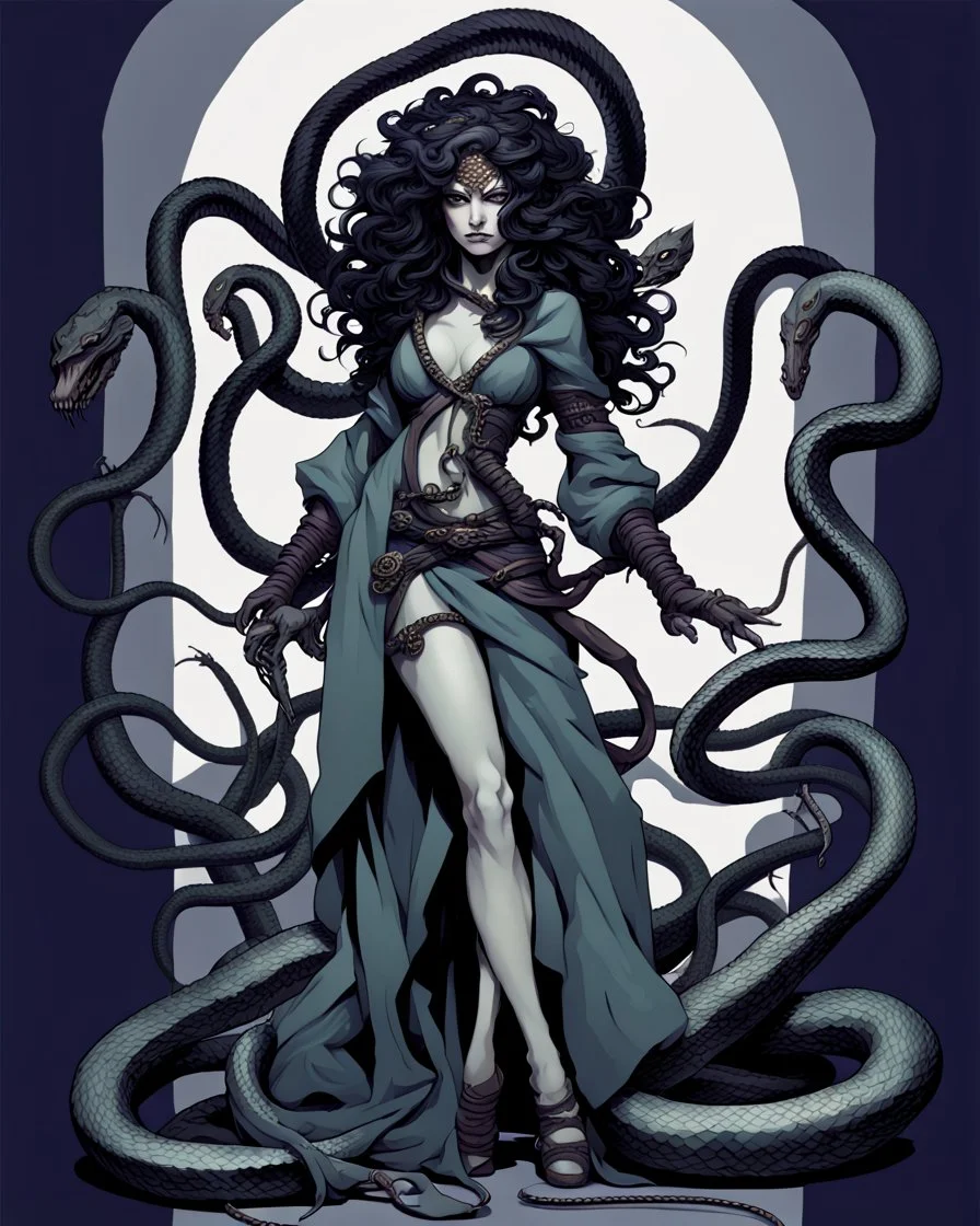 detailed persona, female, sword in hand, gorgon medusa, half turn, full height, leans on one leg, snakes on the head instead of hair