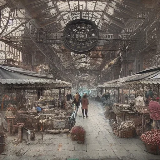 Insanely detailed photograph of an “artitcture plans of a city market at a shipyard” with intricate gears, intricate embroidered band, hyperdetailed painting by Ismail Inceoglu Huang Guangjian and Dan Witz CGSociety ZBrush Central fantasy art album cover art,8K, hdr, romantic, mysterious, ominous, flowers, jewelry, steam,oil,cafe,street vendors,steamship,masts