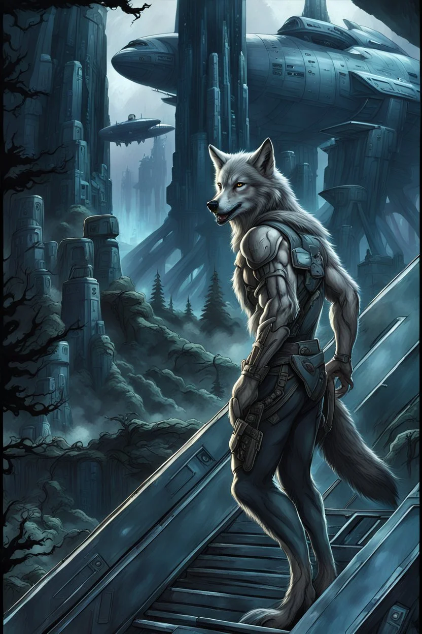 front an anthropomorphic wolf-man standing on spaceship's ramp on alien land and looking at the camera, around big white-blue fog and the spaceship's ruins . His gaze is directed towards the rain-soaked landscape, which is filled with towering trees with massive trunks. In background back him the spaceship and big fog. The atmosphere is a seamless blend of sci-fi and dark fantasy mood