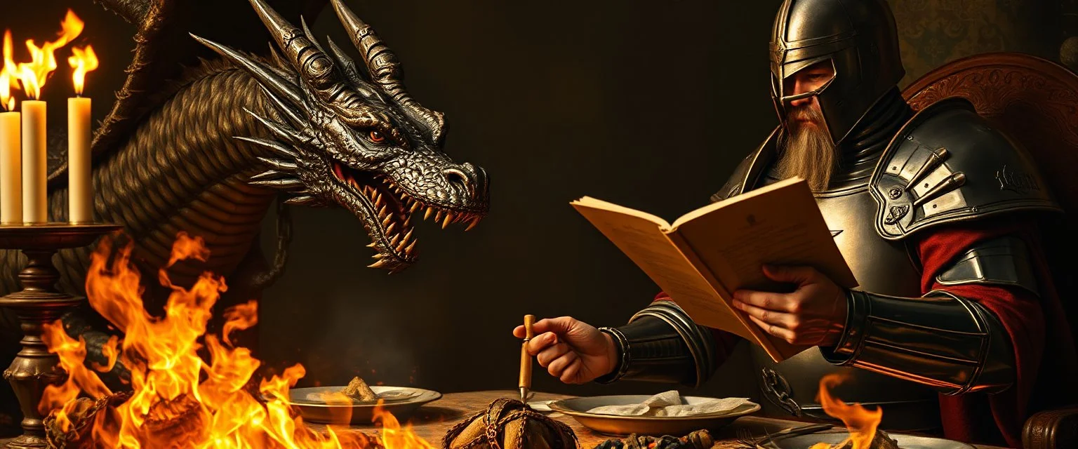 close up portrait painted by Rembrandt, dragon in chains and knights armor holding speech at burning dinner table