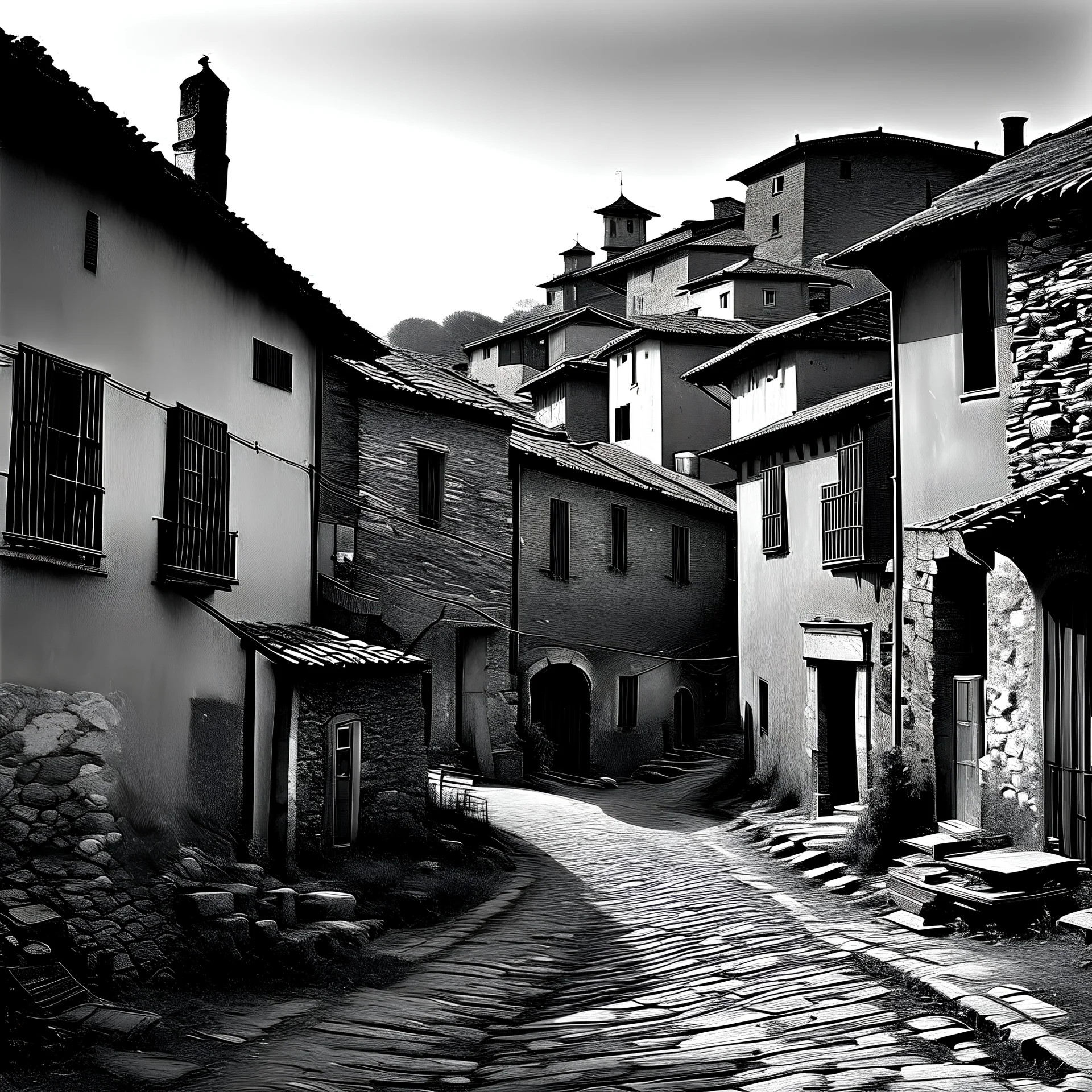 Black and white photograph of a small Italian medieval village, photo taken in year 1278