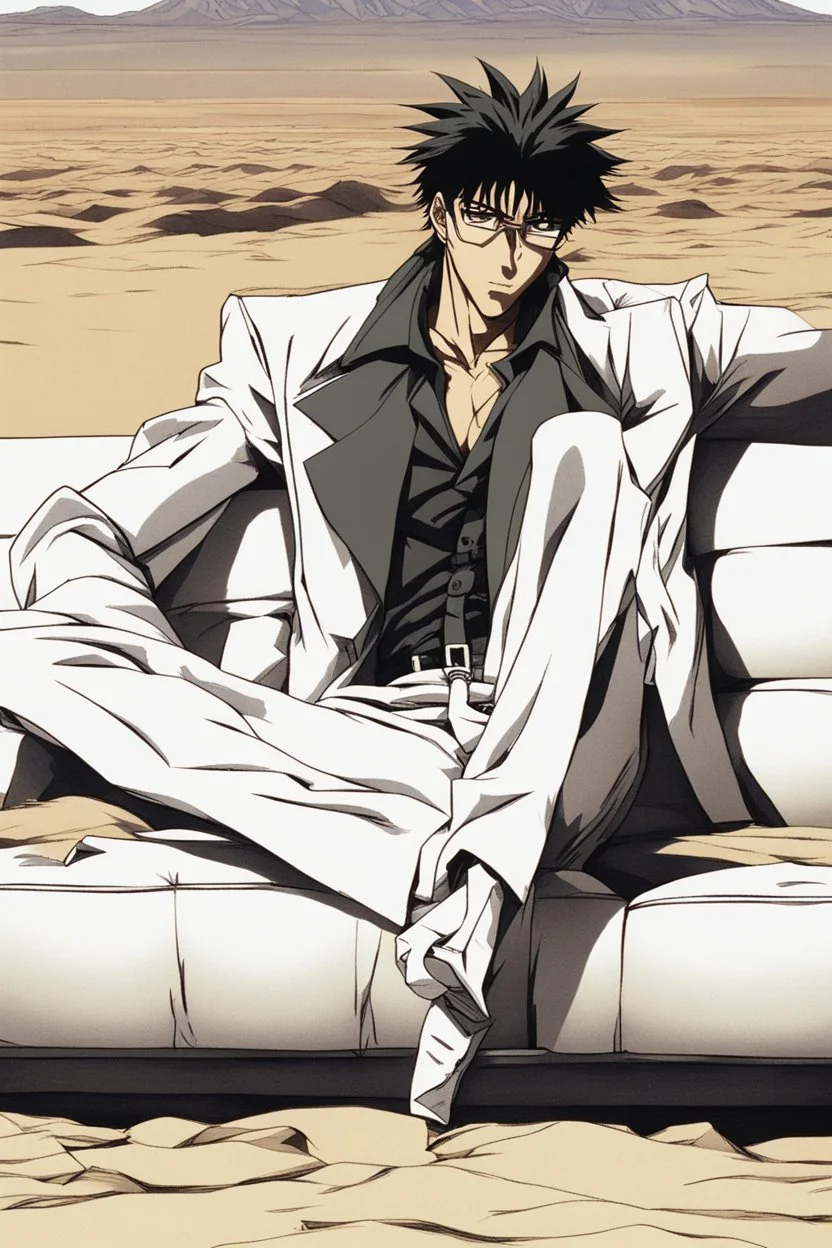 Nicholas Wolfwood Trigun is sitting on a couch in the middle of the desert