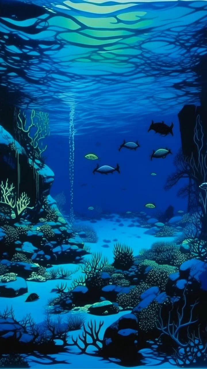A dark blue underwater cove in the abyss with music notes painted by Andy Warhol