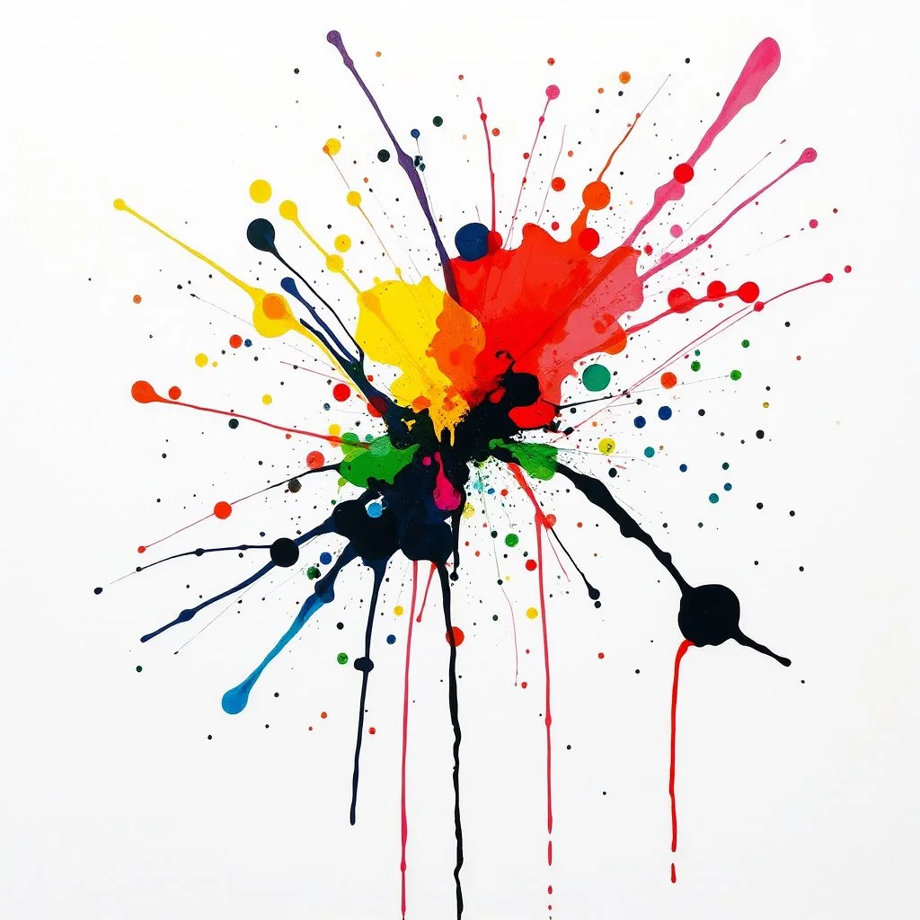 ink paint splatter abstract art, by Jackson Pollack, white canvas, colorful ink making an abstract shape