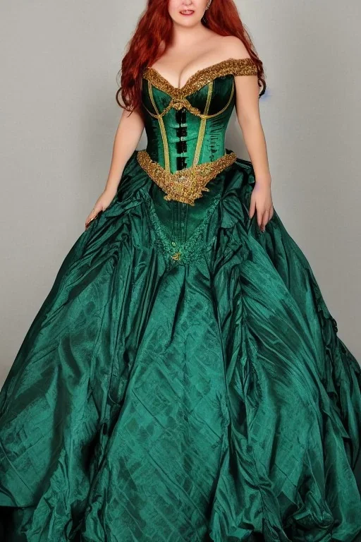 Busty princess with long auburn hair green eyes wearing a big dark teal green and gold satin ballgown corset off shoulder top at night