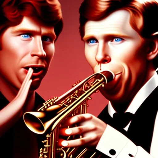 REd-haired ron howard as richie from happy days Is playing the saxophone with his "eyes closed", rock band, saxophone lips, eyes closed