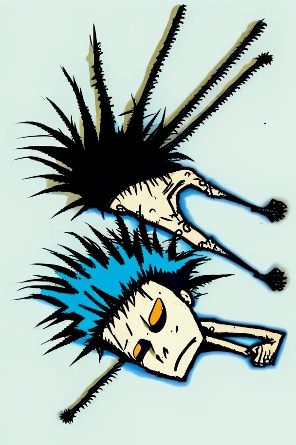 2d drawing of a stickman, cool with punk hair, x eyes like in hangman, laying flat on stomach,top view of him laying down,3d realistic in colour