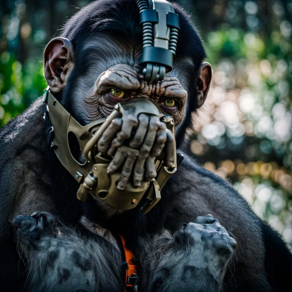 Cyborg, Ape, Primate, hominid, breathing device, respirator, solarpunk, Dystopian, Alberta, all-natural, in the style of candid, Fuji Film, Anamorphic lens