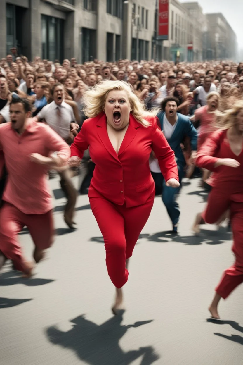 an obese terrified blonde woman in a red pant suit desperately running away from an angry mob of hundreds of people chasing her from far behind