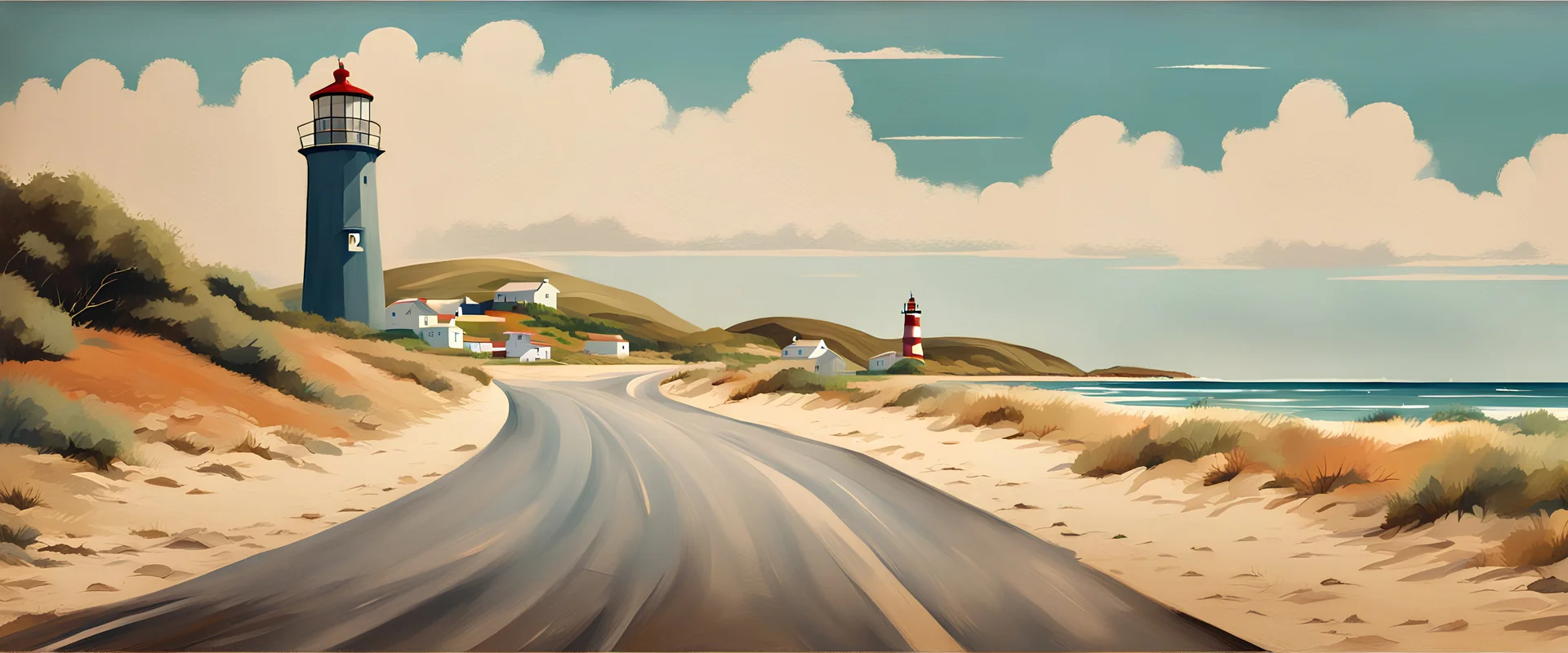 1970s vintage beach with hill in background, road, lighthouse, professional photography, colorful, realistic painting