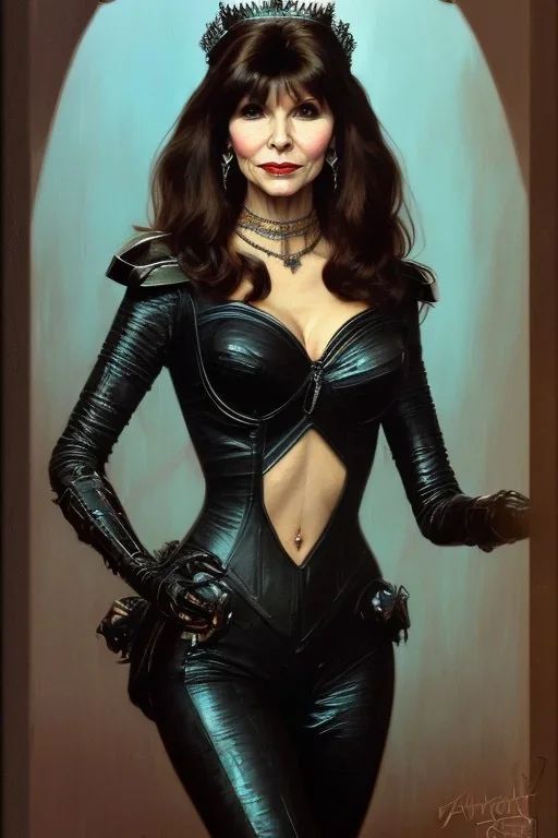 painting of victoria principal as evil queen in black leather, feminie, angry, stern look on her face, volouptous, busty, cleavage, emperious, mature, highly detailed, digital painting, artstation, concept art, smooth, sharp focus, illustration, art by gaston bussiere and alphonse mucha