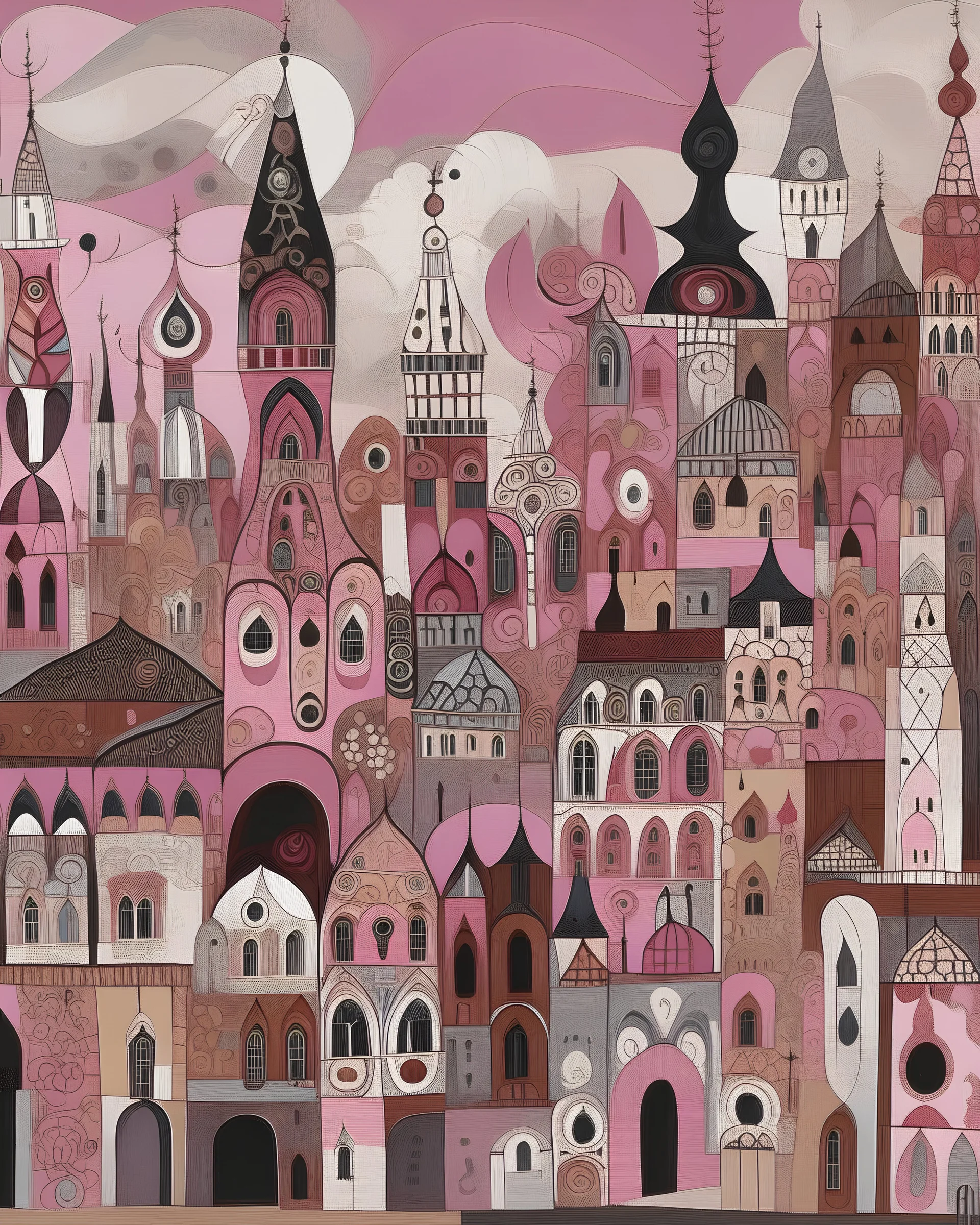 A grayish pink old Victorian city designed in Kuna Molas painted by Wassily Kandinsky