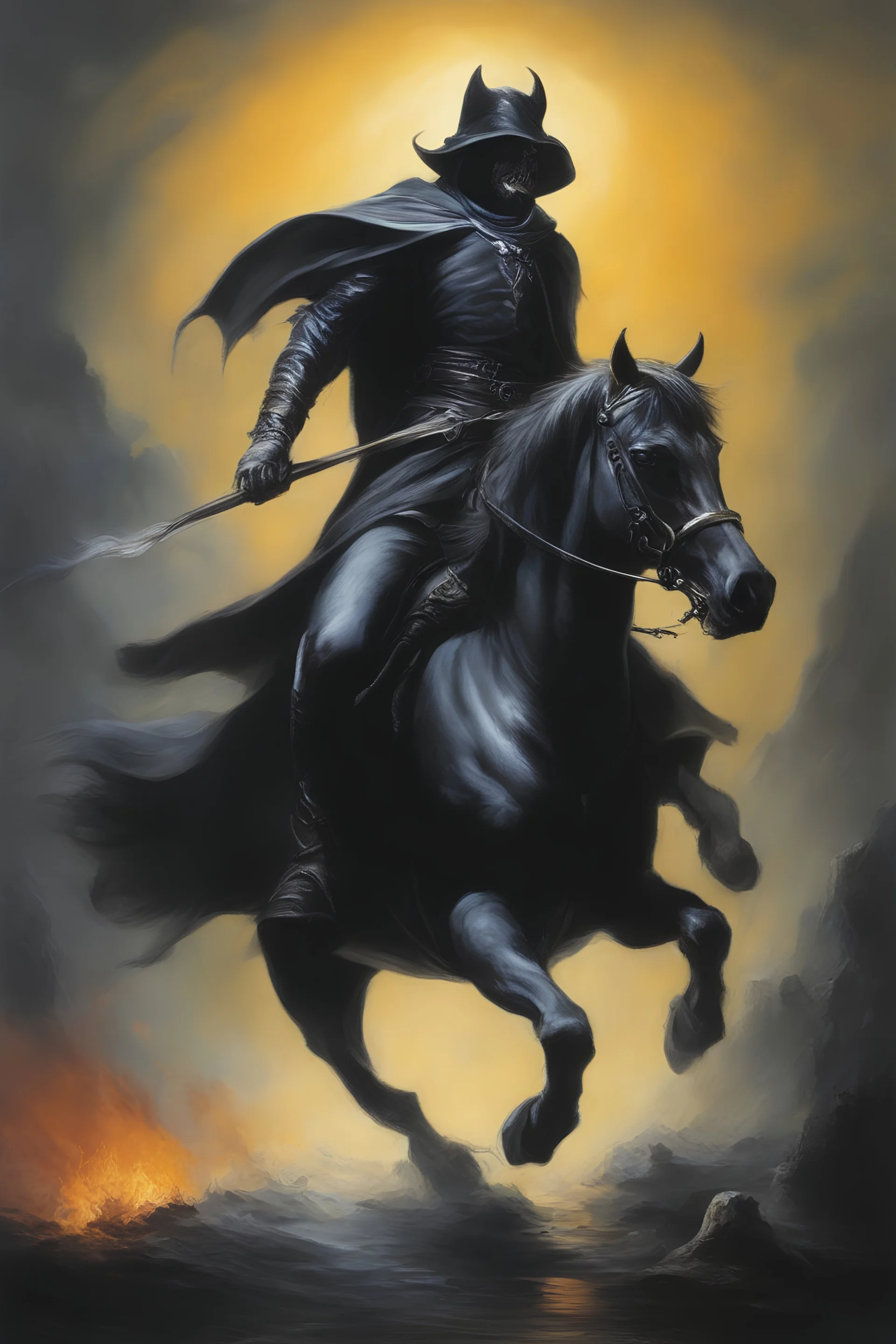 an extremely graphic depiction of the headless horseman, (the headless horseman doesn't have a head), oil painting by Boris Vallejo