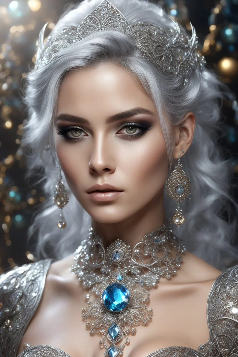 photography realistic portrait natural beauty of young woman, beautiful, shiny hard eyes, make up, Fantasy style, shiny baubles, ornate, large gemstones, shiny molten metalics, shiny wire filigree, silver hair, high definition, high res, octane render