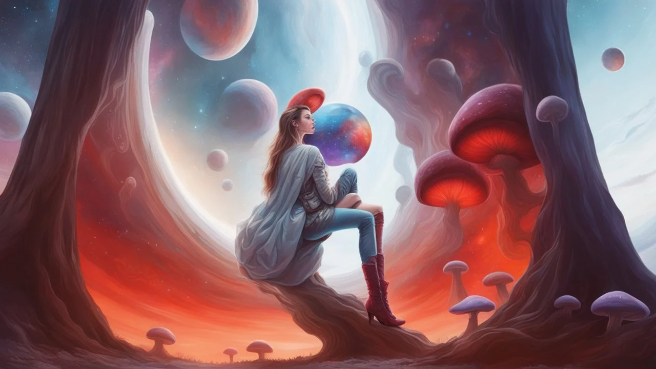 beautiful women sitting withoutt bro, on blue, red, purple mushroom in space, planets at the back ground, space ships, hyper realistic.