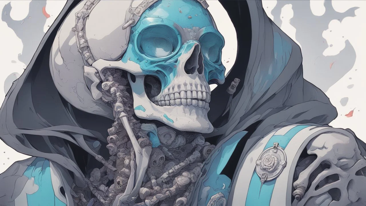a close up of a person with a skull on their head, blue and black colors, anime skull portrait man, scary detailed art in color, hiroyuki-mitsume takahashi, nychos art aesthetic, half man half skeleton, anime cyberpunk art, colored manga art, rossdraws pastel vibrant, hot colors. insanely detailed, beautiful anime portrait, stunning anime face portrait, scary art in color