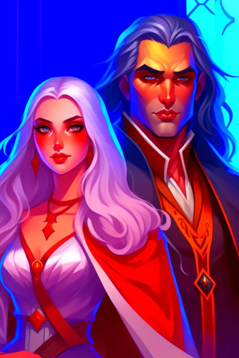 A couple, from the dnd game curse of Strahd. The woman has long white hair and blue eyes, the man has LONG BLACK hair and red eyes, no facial hair. He is standing protectively behind her.