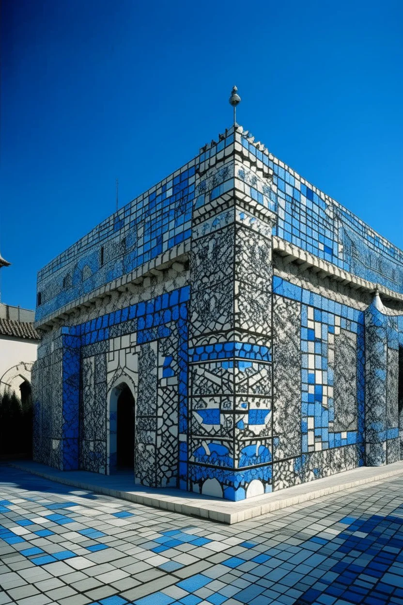A pale sky blue electrical plasmatic fortress designed in ancient Roman mosaics painted by MC Escher
