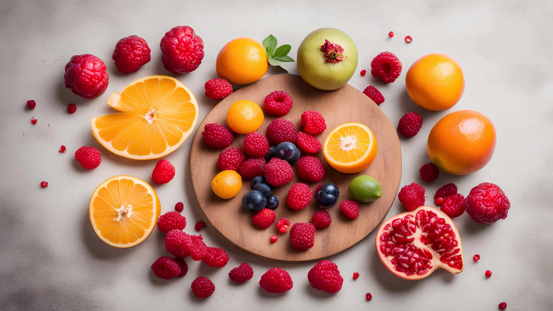 Delicious fruit on round wood chopping board, mango pomegranate raspberries papaya oranges passion fruits berries on off white concrete background, selective focus