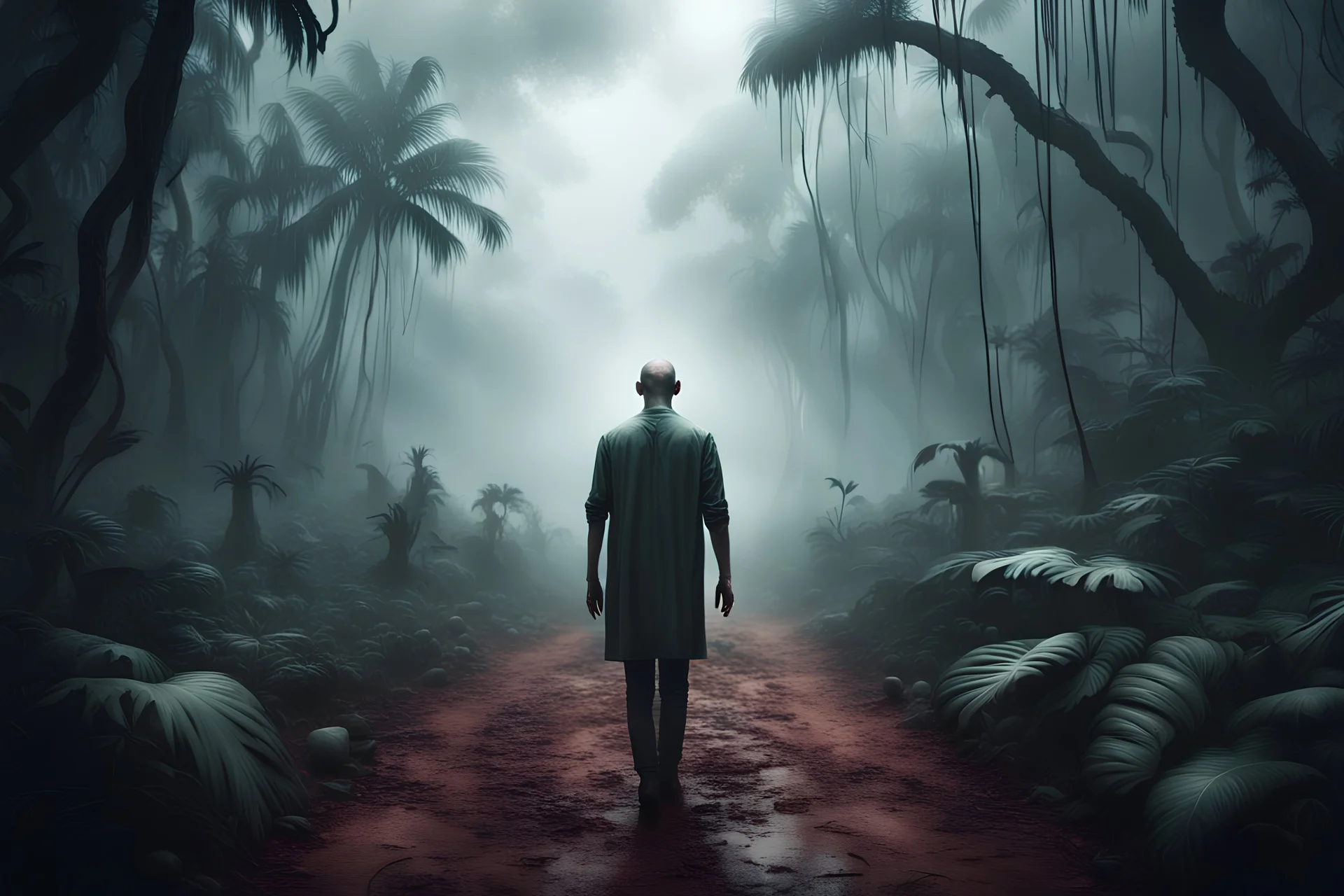 realistic scene surrealis horror, human head on the path, jungle background, bold mist, fog, cinematic, dramatic lighting