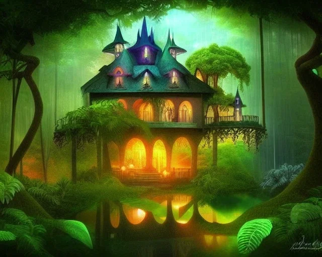 mystical house on a hot tropical island, fantasy art, surreal art, fairies in the trees,