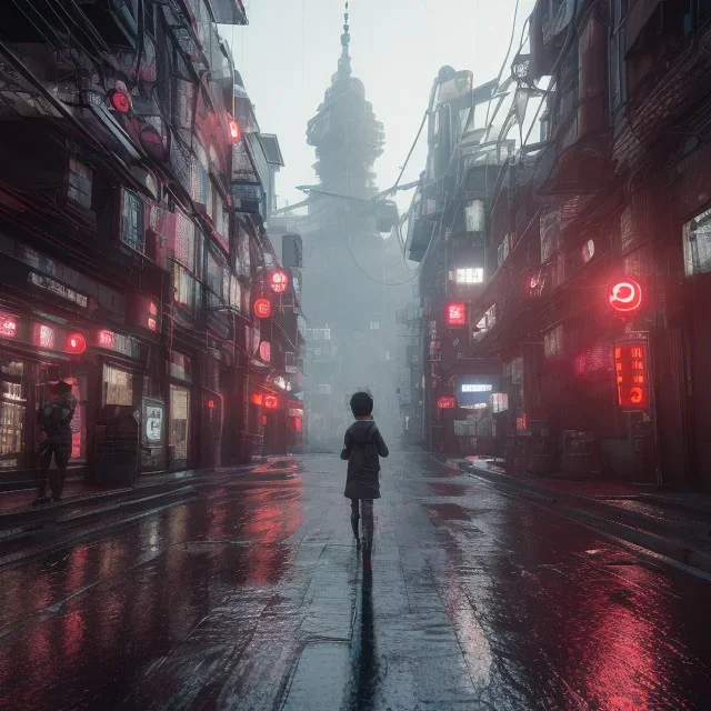 ciberpunk, big street empty tokyo, children lost, rain, intricate, xtreme detailed, 4k, unreal engine 5, photorealistic